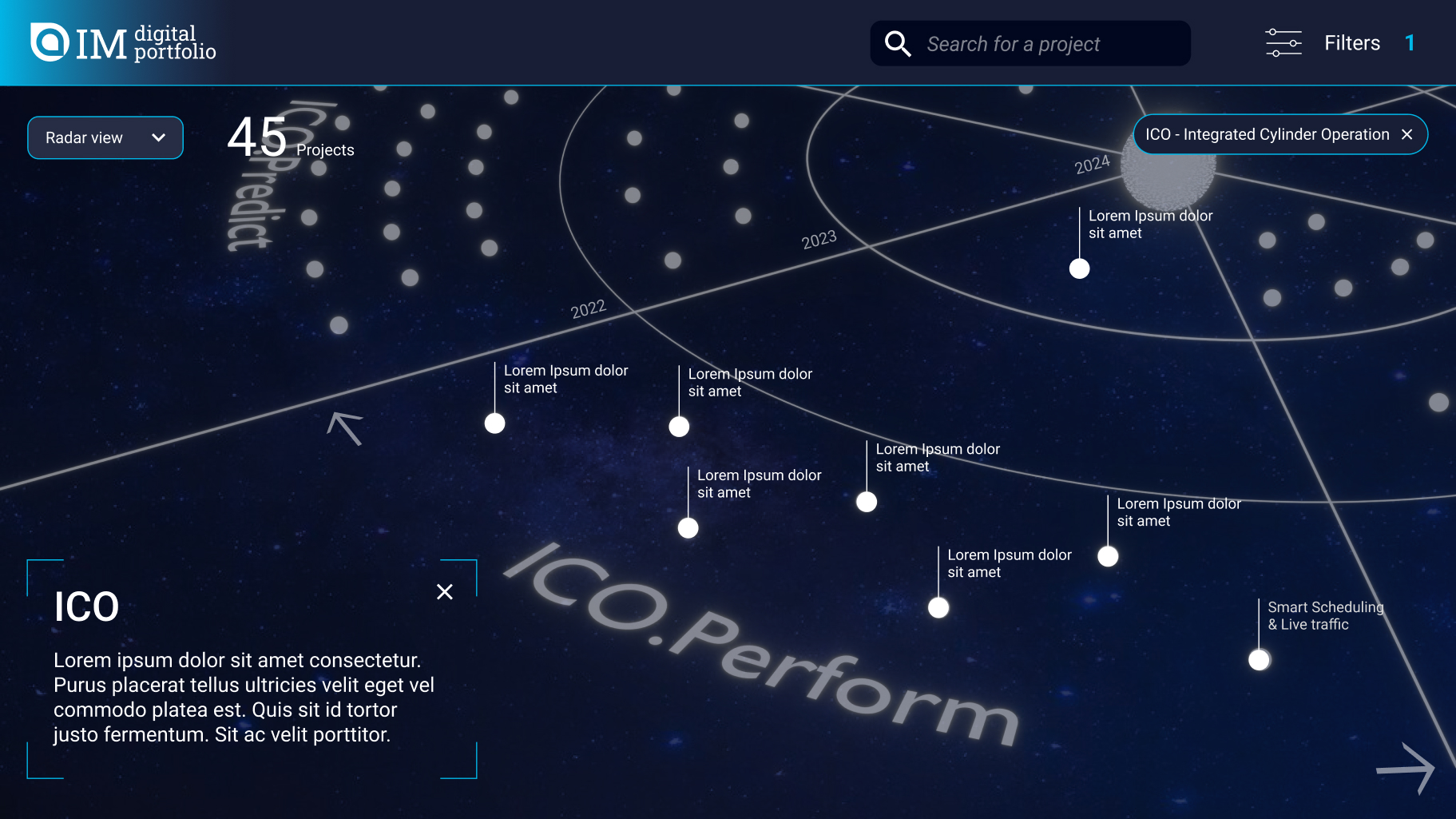 Screenshot of the galaxy view of the digital portfolio